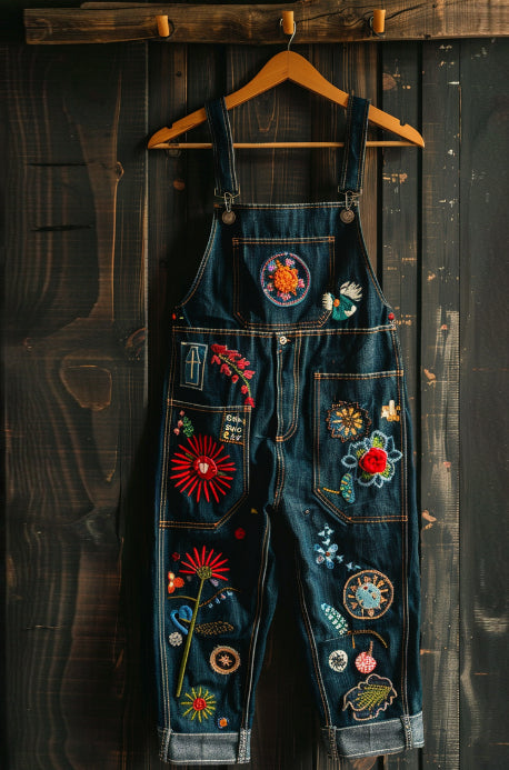 Retro Botanical Floral Embroidery Art Print Denim Jumpsuit
