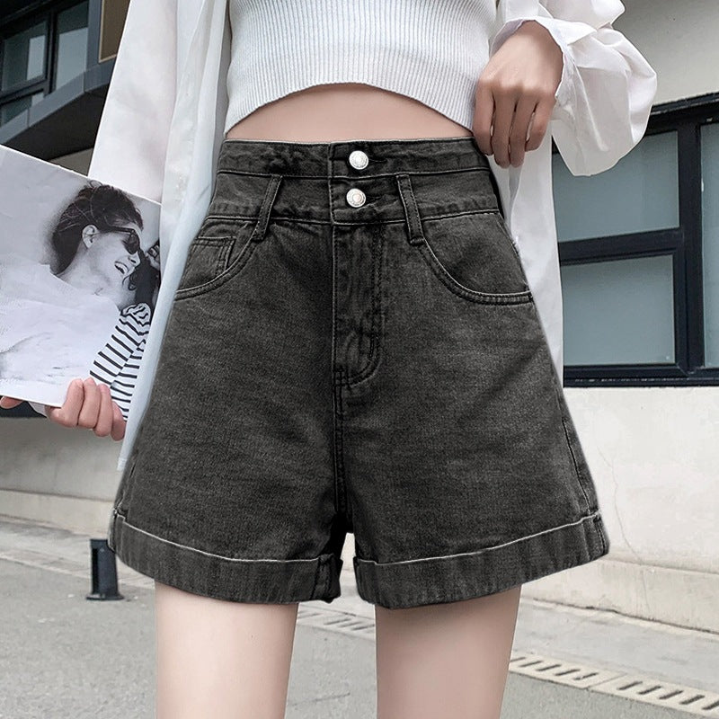 Two-button High Waist Denim Shorts Women's Wide Leg Curling A- Line Hot Pants Tide