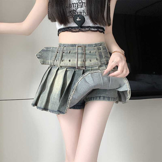 High-waisted Ultra-short Denim American Retro Bad-girl Style Sexy A-line Pleated Skirt