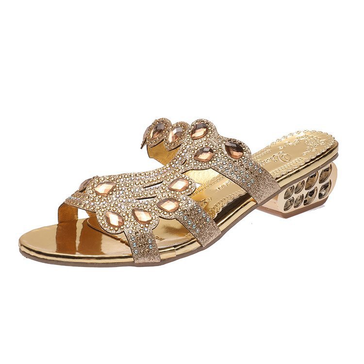 Women's Fashionable All-match Low Heel Rhinestone Outdoor Slippers