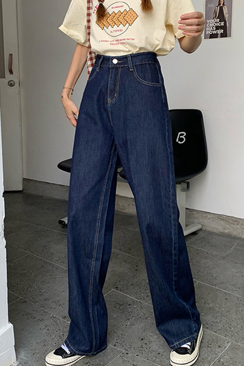 Women's Spring Autumn Winter Straight Loose Dark Blue Jeans
