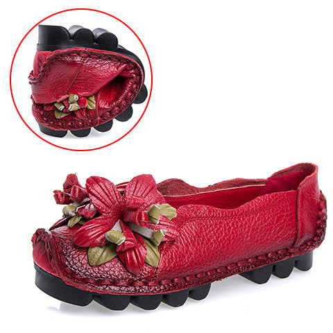Genuine Leather Ethnic Shallow Mouth Soft Sole Mother Shoes