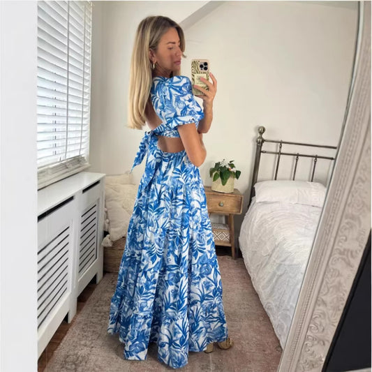 Womens Midriff-baring Backless Lace-up Printed Dress