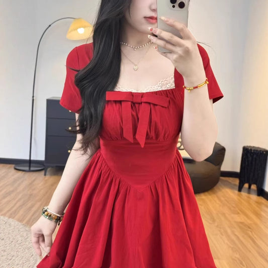 Plus-size French-style Vintage Square-neck Dress With A Bow