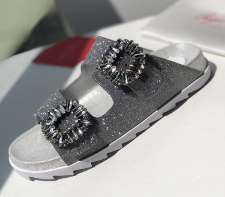 RV Rhinestone Square Buckle Leather Slippers Outer Wear Women's Toe Double Ring Strap Flat Sandals