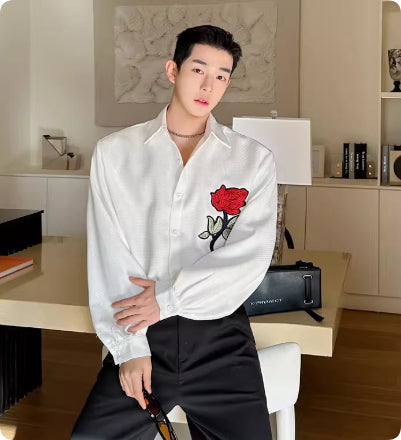 Heavy Weight Mens Shirt With An Embroidered Rose Pattern And A Textured Jacquard Weave