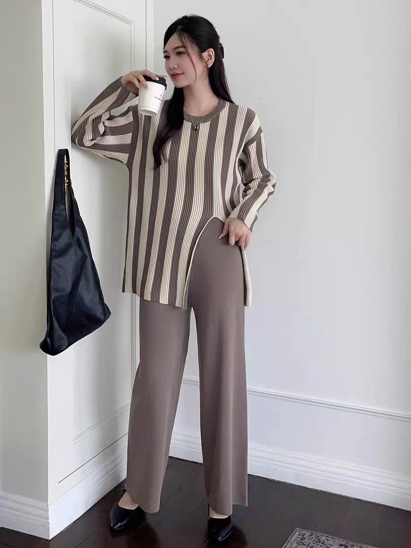 Vertical Stripes Crew Neck Split Knitwear Top High Waist Wide Leg Trousers Fashion Two-piece Suit