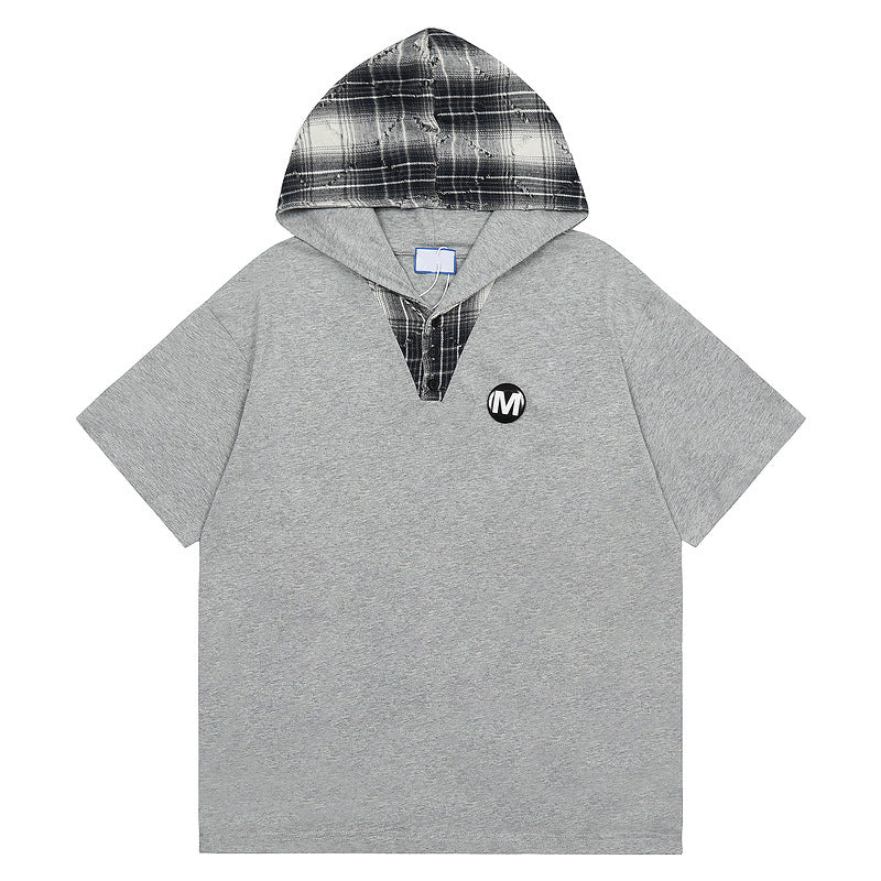 American Style Retro Patchwork Plaid Hooded Short Sleeve