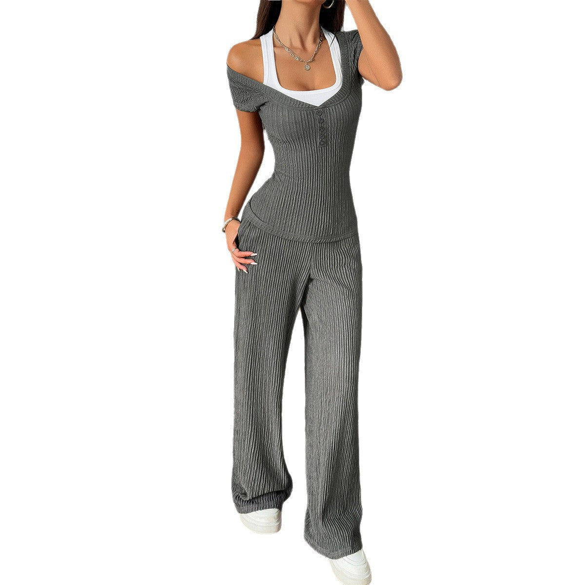 Spicy Sporty Short-Sleeve Tank Top And Straight-Leg Pants Set