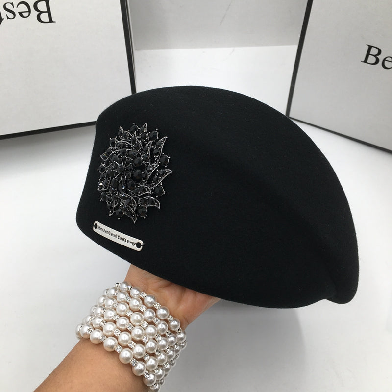 Celebrity Elegant Bright Diamond Woolen Black Beret