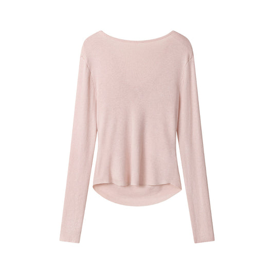 Sweet Pink 3D Butterfly Age-Reducing Knitted Top Long-Sleeve T-Shirt That Slims And Flatters Your Figure