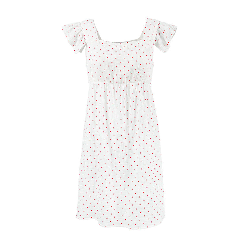 White Sleeveless Dress With Heart Print And Ruffle Trim