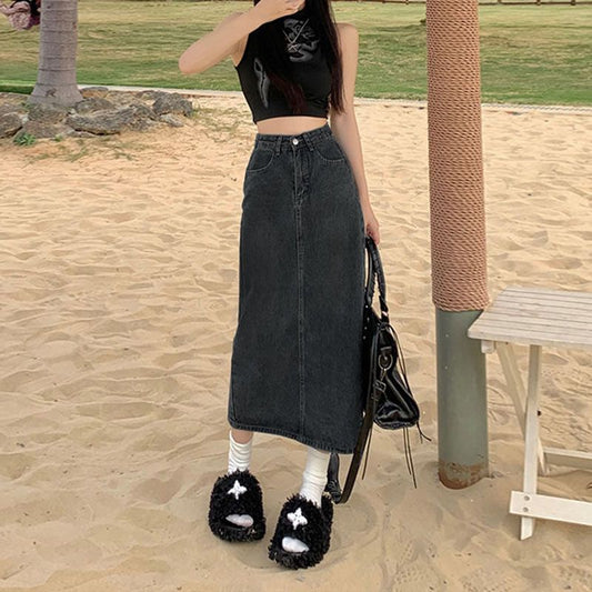 High-waisted Slit Denim Skirt A-line Midi Skirt