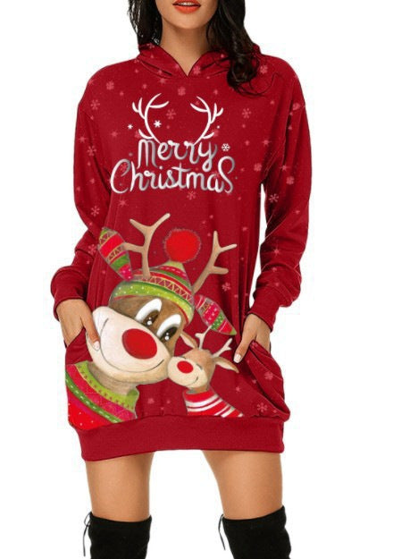 Elk Printed Long Sleeve Pocket Hooded Sweater