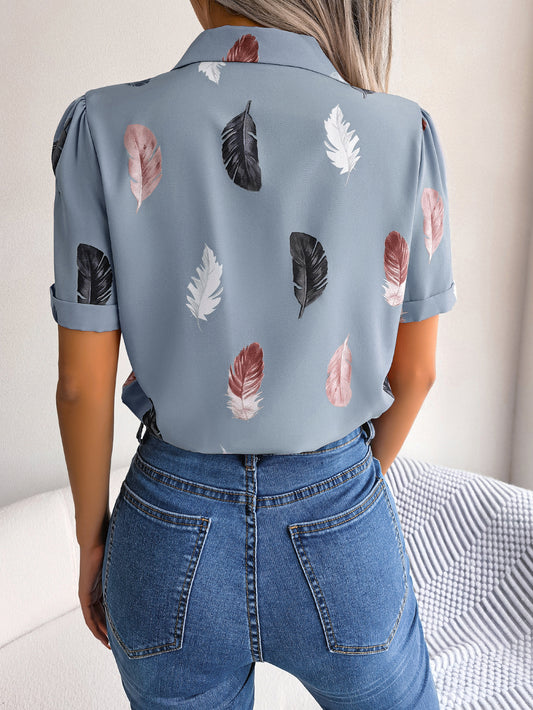 Women Elegant Notched Lapel Feather Loose Short Sleeve Shirt