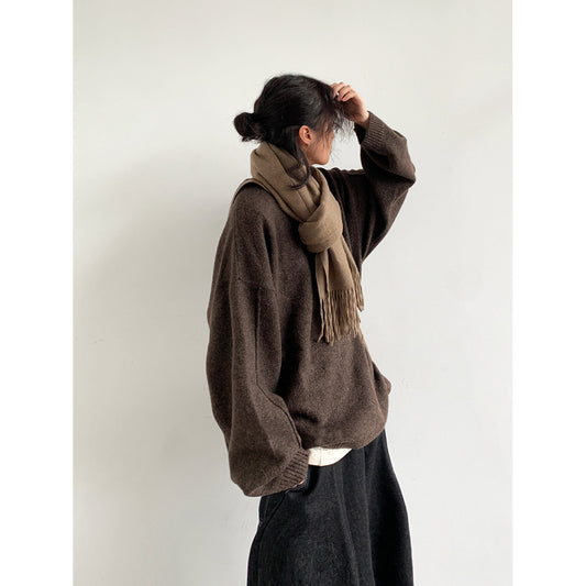 Japanese Vintage Solid Knit Academy Style Loose Unisex Maillard Sweater