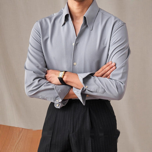 Mens Long-Sleeve Casual Shirt With A Polished Finish And Hidden Buttons