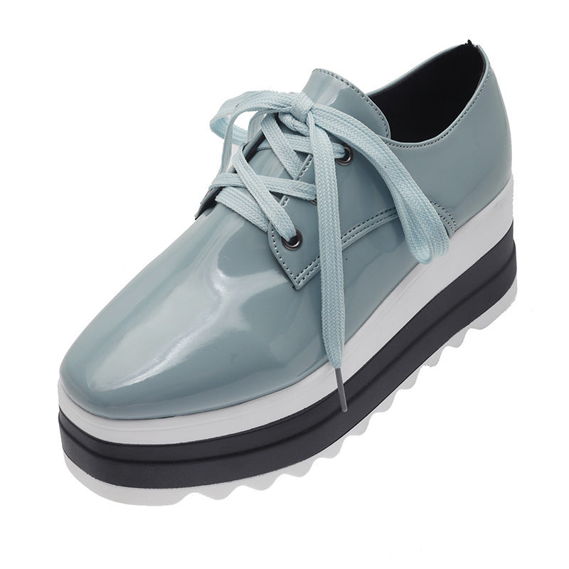 Women's Lace-up Square Toe Patent Leather Platform Shoes