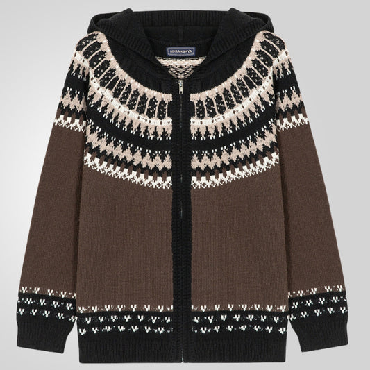 Men's Jacquard Knitted Hoodie With Long Sleeves And Zipper-front Cardigan Sweater