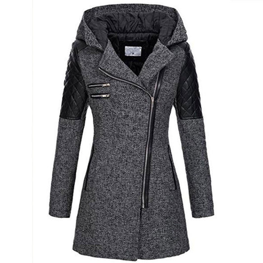 Women Warm Slim Full Zipper Coat Thick Woolen Coat Female Fall Winter Windbreaker Hooded Diagonal Zipper Women's Clothing