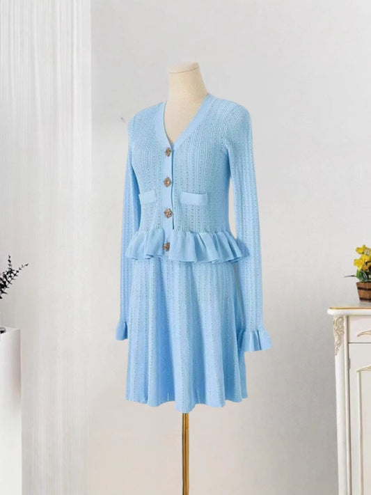Niche Temperament V-neck Hollow Waist Trimming Knitted Midi Dress