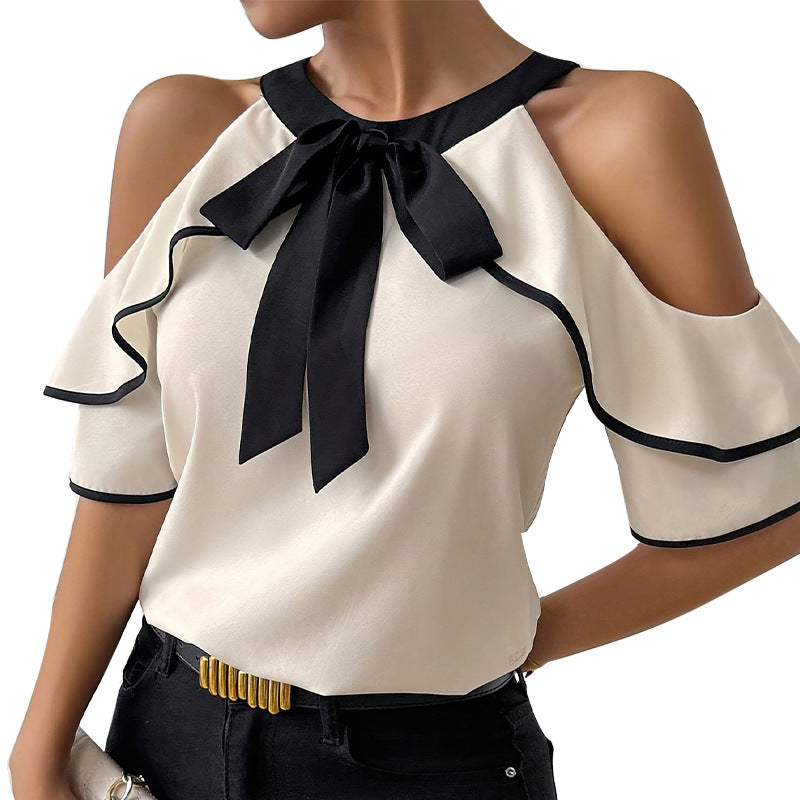 Women's Double-layer Short-sleeved Bow Collar Shirt Pullover