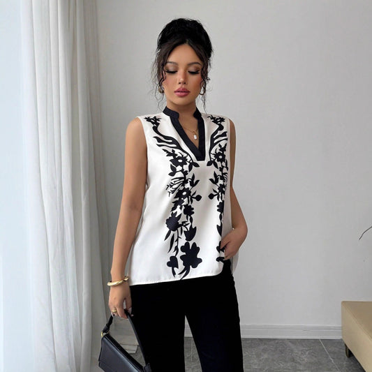 Womens Sleeveless Top With A V-neck And A Stylish Printed Design