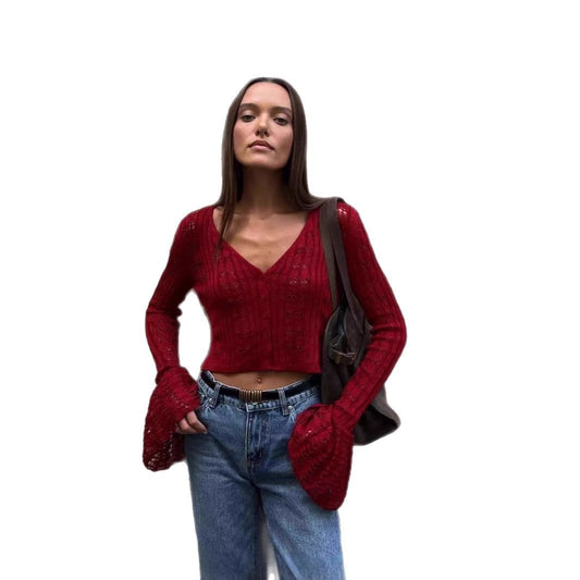 Women's Clothes Sexy Cutout Bell Sleeve Solid Color Short Knitted Top