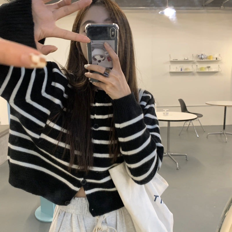 Green Striped Sweater Open Autumn Inner Wear Blouse Long Sleeve Cardigan Retro Cropped Sweater Coat Women