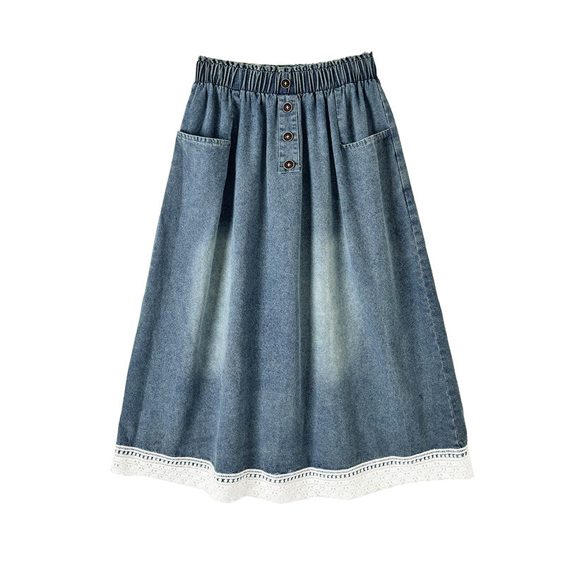 Summer New Plus Size Loose Slimming Plump Girls Stitching Lace Denim Skirt