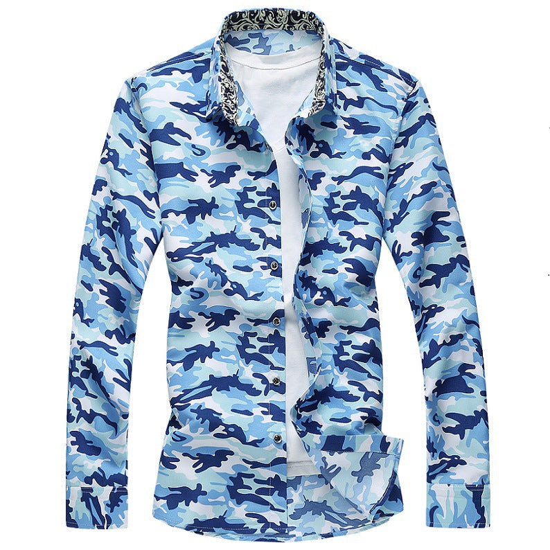 Large size men's long-sleeved floral shirt