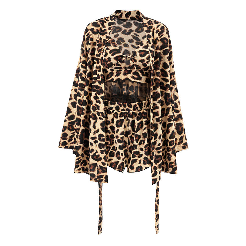 Leopard-print Camisole Cardigan And Short-sleeve Shorts Pajama Set