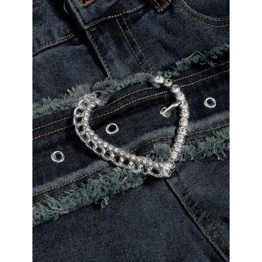 Punk-style Vintage Metal Heart-shaped Belt Frayed-edge Jeans