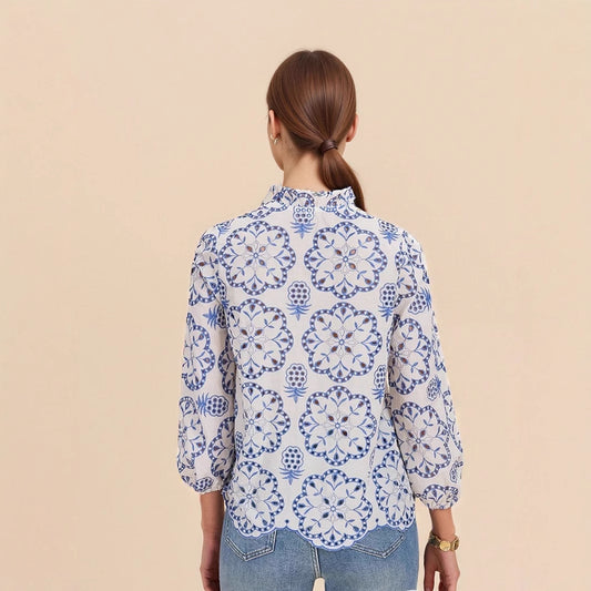 Patterned Stand-up Collar Button-up Top Casual Shirt