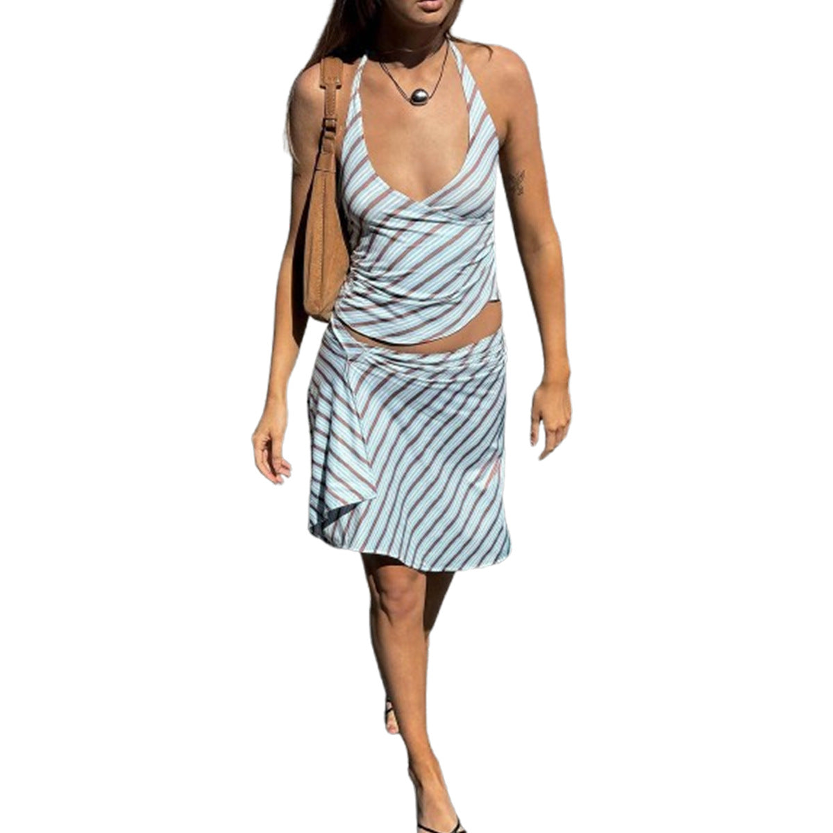 New Strappy Halter Neck Striped Dress Set With Crop Top And Open Back
