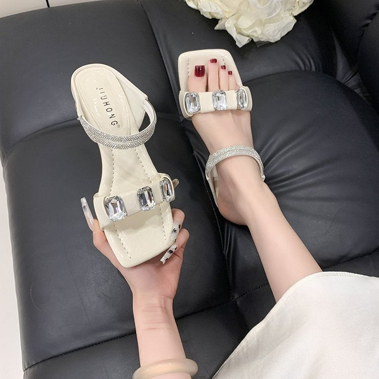 Early Spring Fairy-Inspired Crystal & Rhinestone Sandals For Women, Sheer One-Strap Mid Block Heel Design, Trendy Outdoor Fashion Shoes