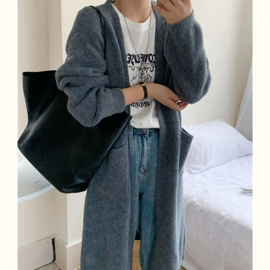 Efterår og vinter koreansk stil doven vindfrakke lang sweaterfrakke