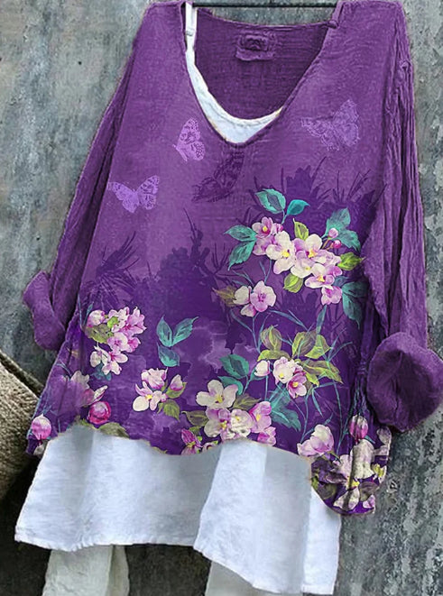 Women's Purple Consciousness Floral Design Print V-neck Top