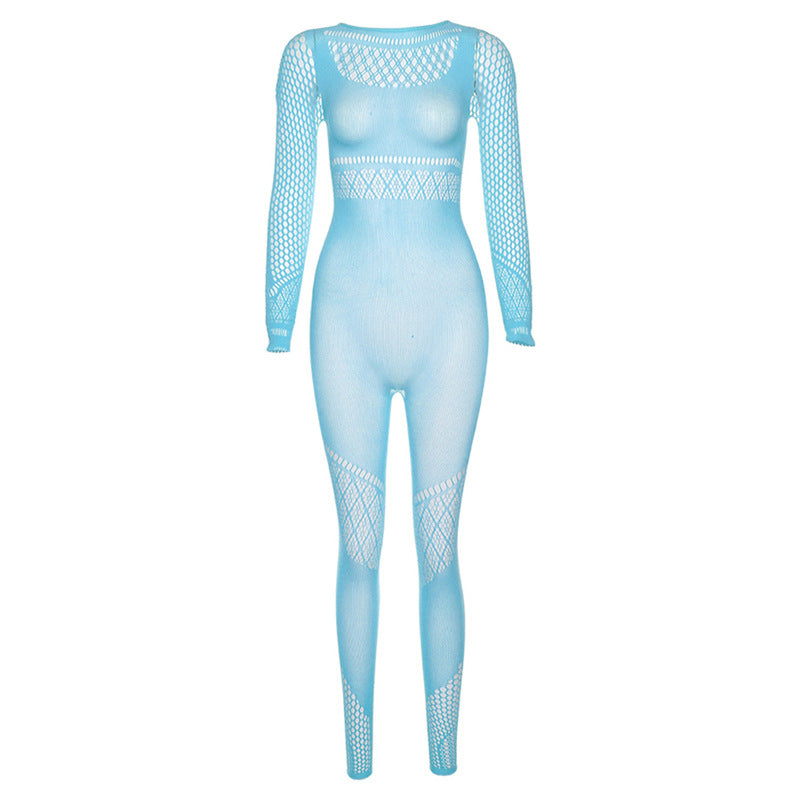 Summer Women's Mesh See-through Hollow High Waist Tight Jumpsuit