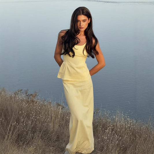 Strapless Waist-cinching Top And Fishtail Maxi Skirt Set