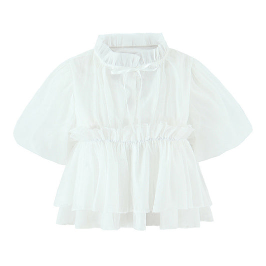 Fashionable All-match Puffed Sleeves Lace-up Short-sleeved Doll Shirt