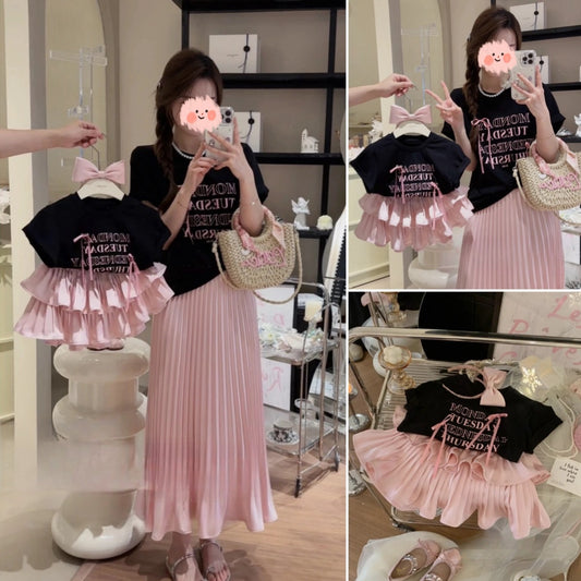 Girls' Pleated Skirt Western Style Letter T-shirt Two-piece Suit