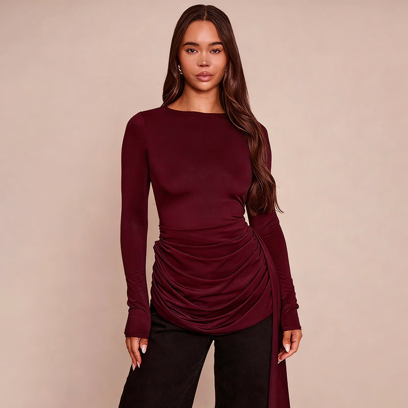 Crew-neck Solid-color Slim-fit Drapey Long-sleeve Top