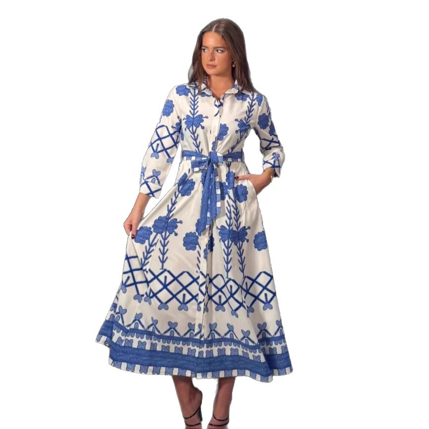 Womens Printed Defined-Waistline Long-Sleeve Dress