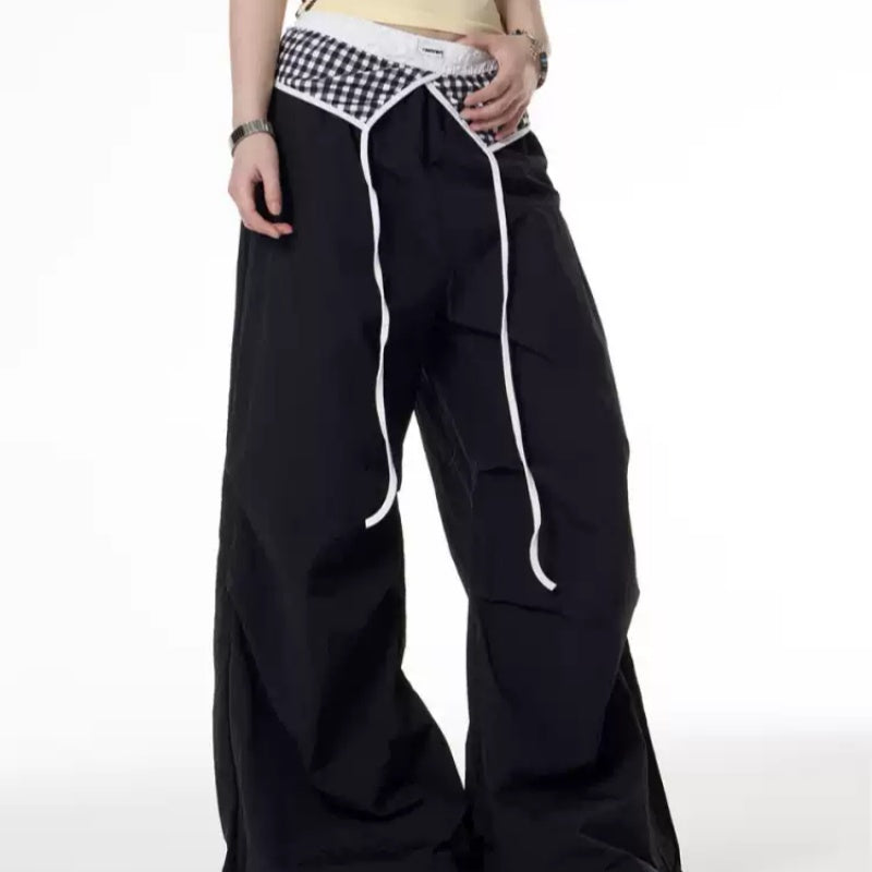 Retro Spicy Girl Plaid Stitching Design Wide-leg Pants For Women