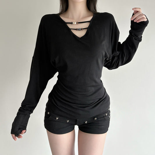 V-neck Beaded Waist-cinching Ruffled Slimming Casual Top