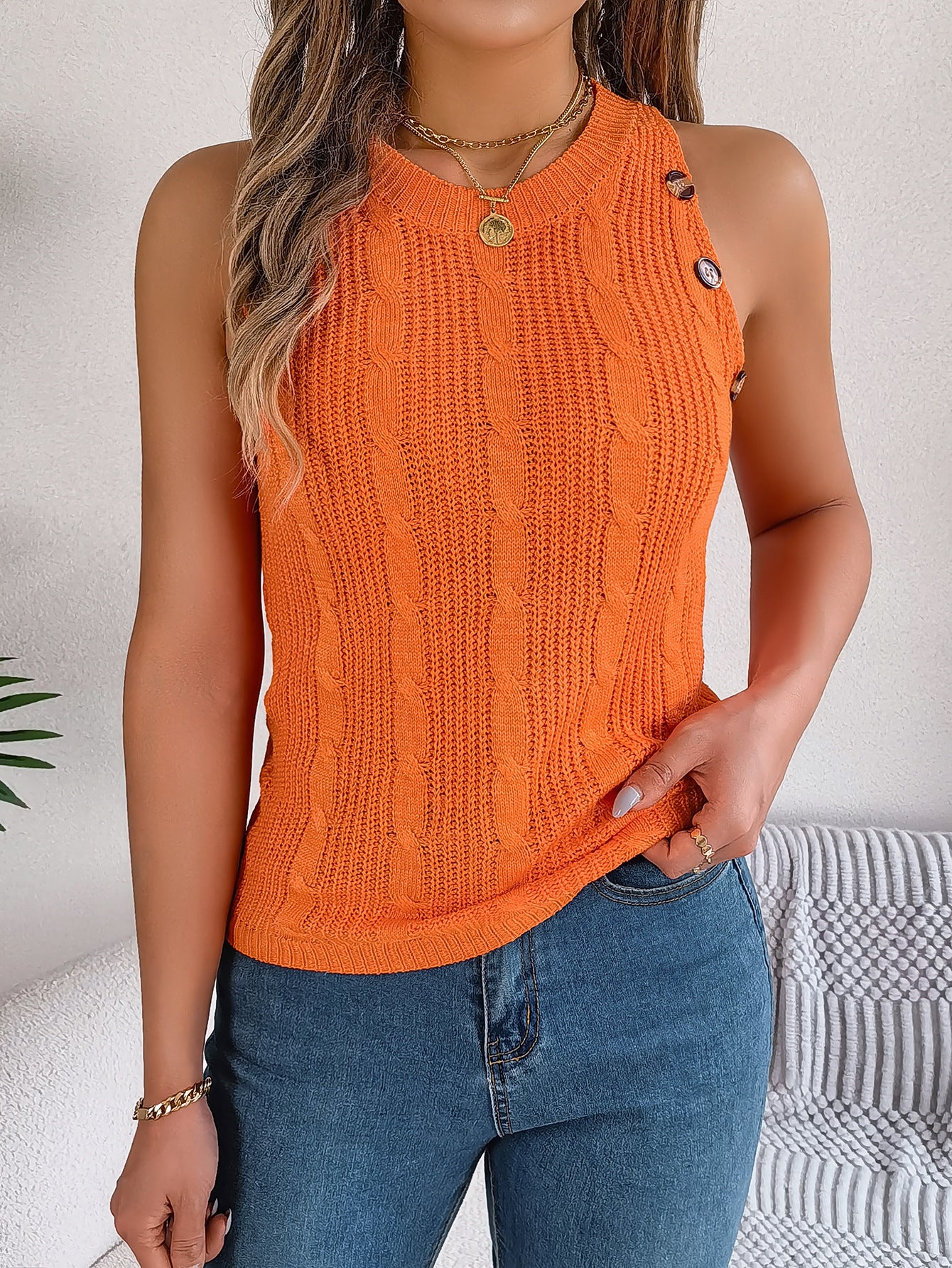 Sleeveless Knitted Resort Top With Buttons