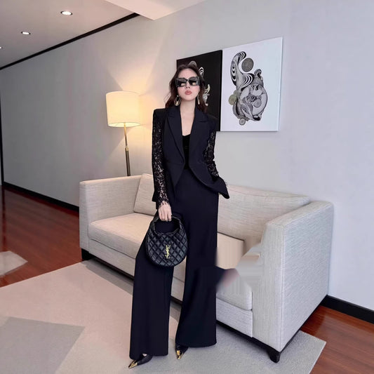 Spring Solid Color Lace Patchwork Suit Set