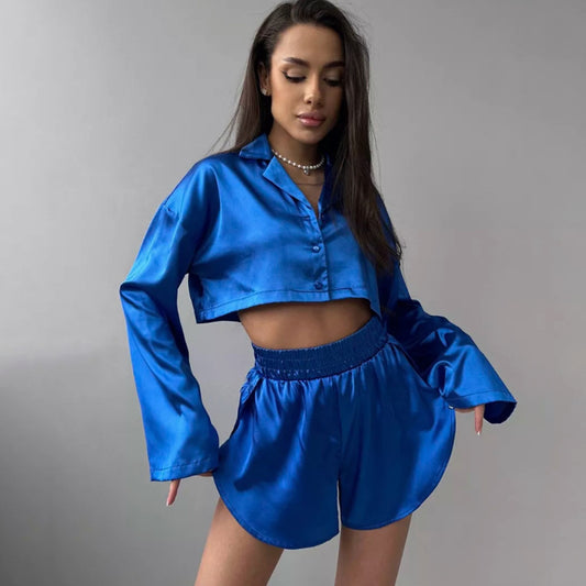 Home Wear Satin Long-Sleeve Slit Shorts Two-Piece Set Sexy Pajamas