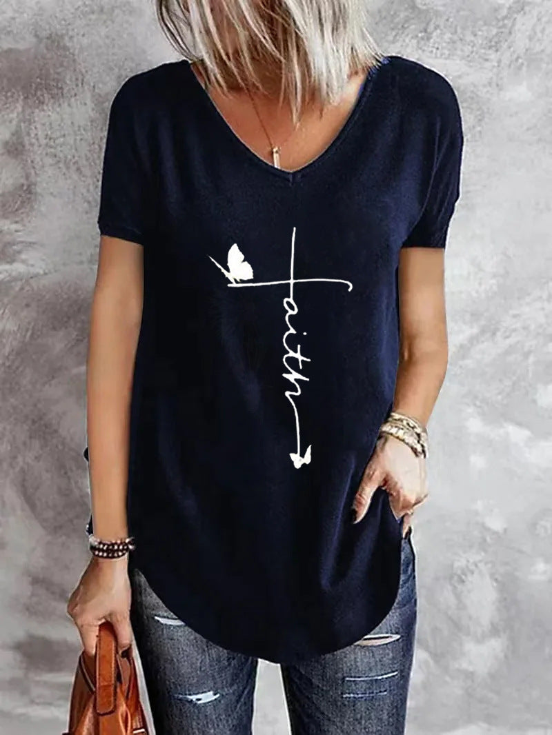Women's V-neck Bottoming Long-sleeved Printed T-shirt